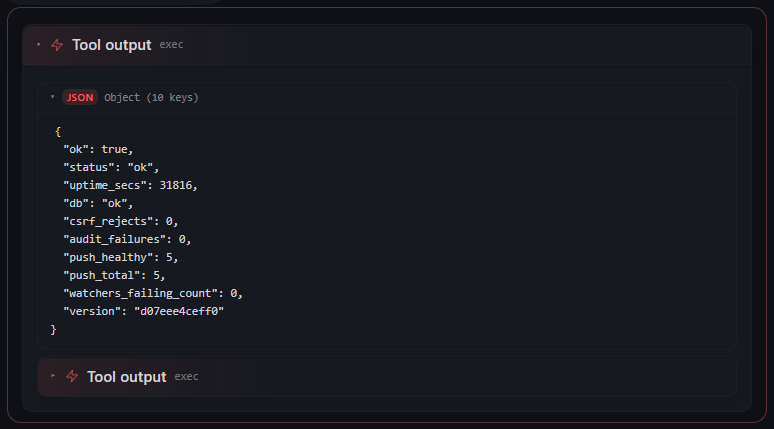 Sample JSON response from /api/openclaw/health