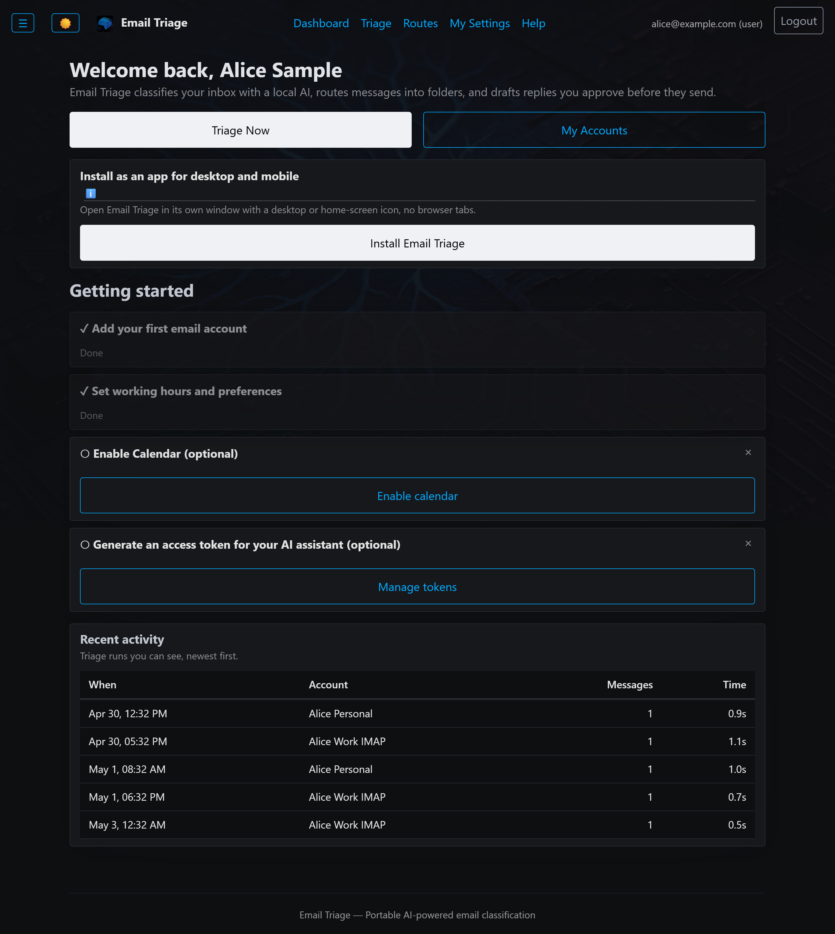 Email Triage dashboard