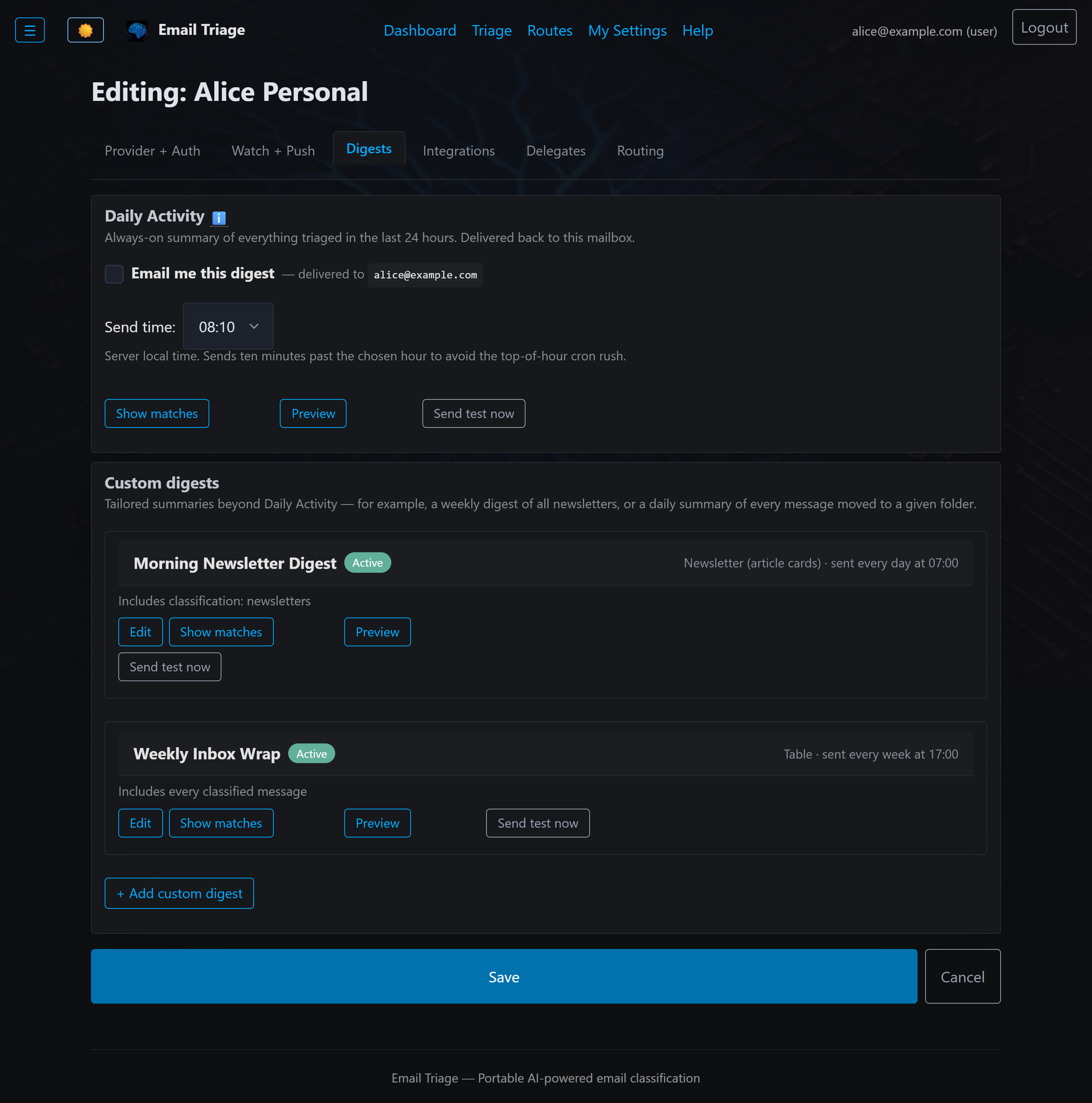 Digest schedule editor