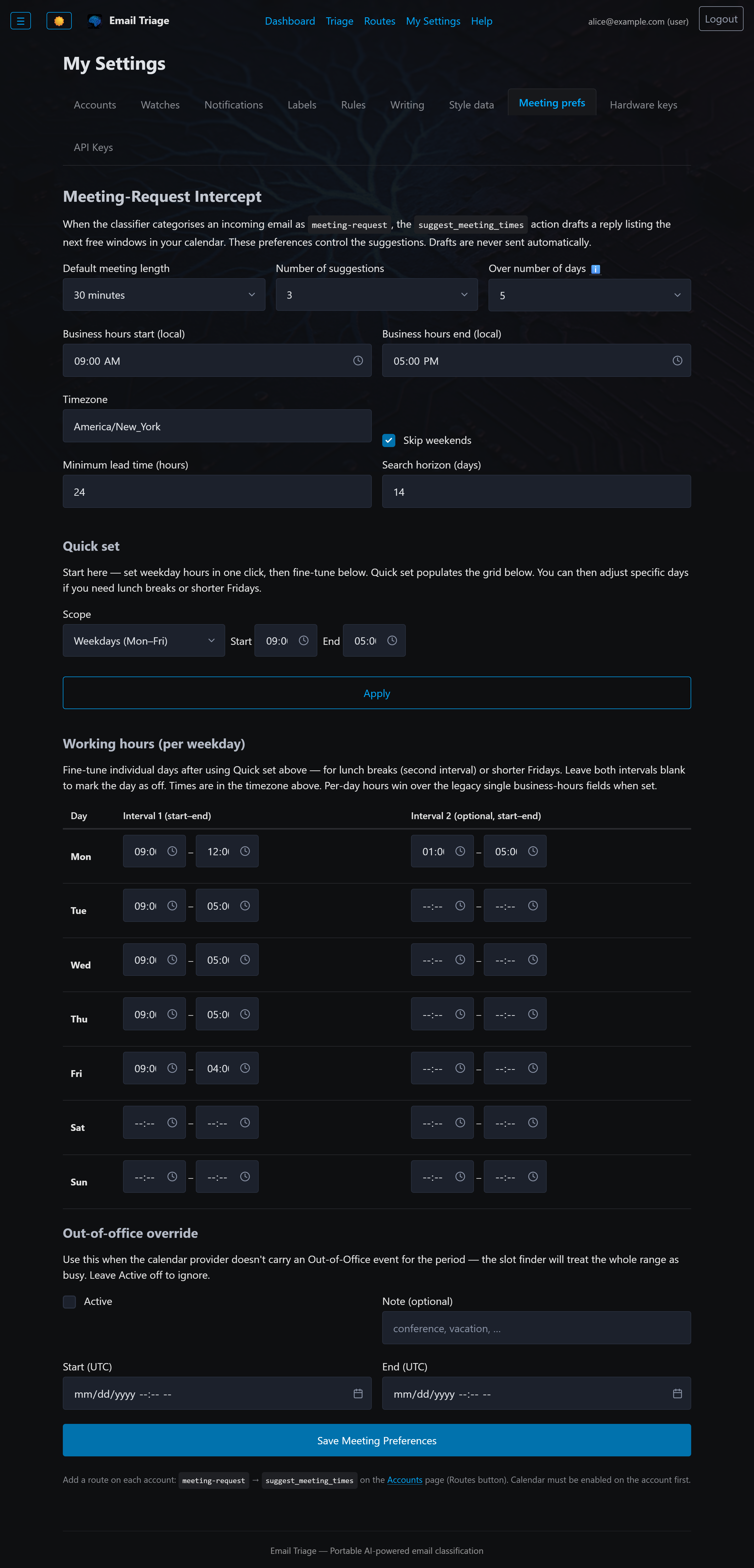 Meeting preferences page